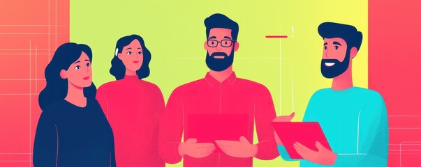 Poster - A group of four professionals engaging in discussion, with vibrant colors and modern attire, highlighting collaboration and teamwork.