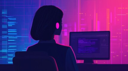 Poster - A silhouette of a person with headphones, focused on a computer screen amidst vibrant digital patterns and coding elements in a futuristic setting.