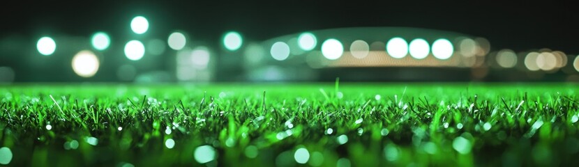 Poster - A close-up view of artificial grass illuminated by stadium lights at night.