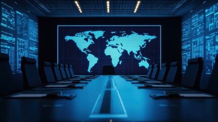 Poster - A modern conference room featuring a digital world map display, illuminated in blue, surrounded by high-tech data screens.