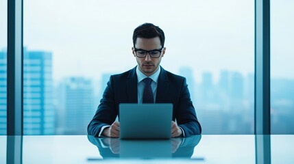 Poster - A focused businessman works on a laptop in a modern office, showcasing professionalism and a city skyline backdrop.