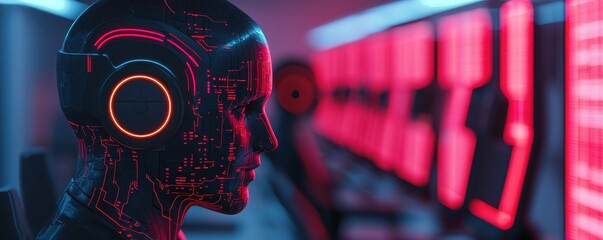 Poster - A futuristic humanoid robot with glowing circuitry and headphones stands before a row of illuminated computer screens.