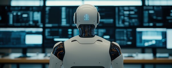 Poster - A futuristic robot observes multiple screens filled with data, embodying advanced technology and artificial intelligence in a high-tech environment.