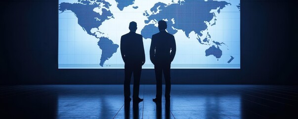 Poster - Two silhouetted figures stand before a large world map projection, suggesting themes of global perspective and collaboration.