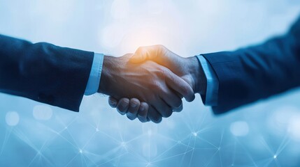 Poster - Two business professionals shake hands, symbolizing partnership and agreement in a modern, digital context.