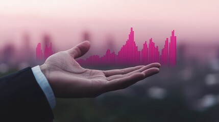 Poster - A hand holds a digital graph with pink bars, symbolizing data analysis, financial growth, or market trends against a blurred city skyline.