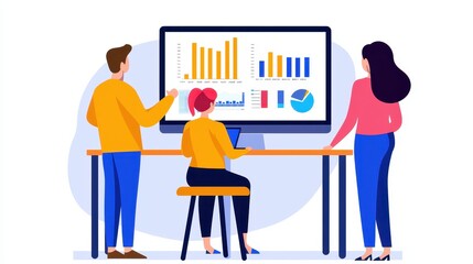Poster - A group of three people analyzing data on a large screen, with colorful graphs and charts, representing teamwork and data visualization.