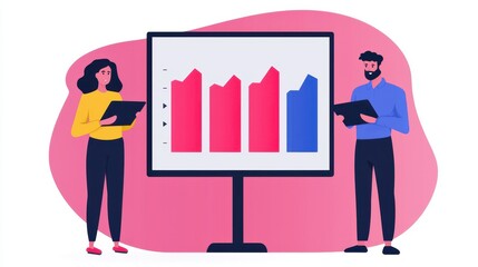 Poster - A colorful illustration depicts a man and a woman analyzing a bar graph on a digital display, representing teamwork and data analysis.