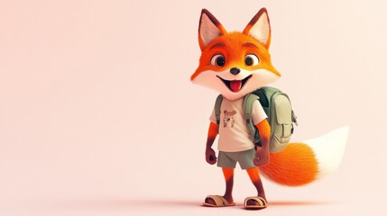 Leinwandbilder - A cheerful cartoon fox character with a backpack, wearing casual clothes and sandals.