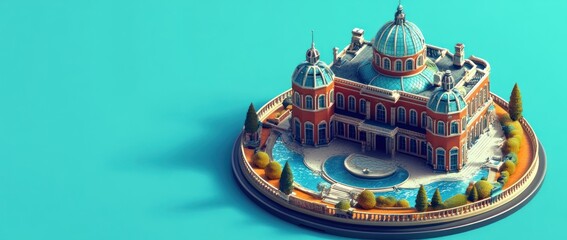 Poster - A colorful, detailed model of a grand architectural structure with domes and a pool.