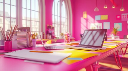 Aufkleber - A vibrant workspace with pink decor, laptops, and stationery for creative projects.
