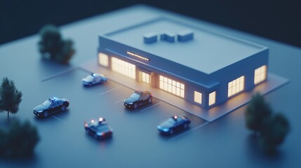 Poster - A miniature police station model surrounded by patrol cars with lights flashing.