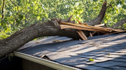 A large tree branch has fallen on a house roof, causing damage to the shingles and causing the need for repairs.