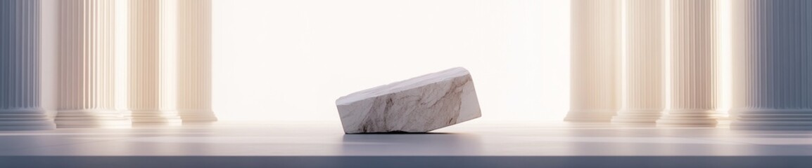 Poster - A marble block positioned on a pedestal with soft lighting and classical columns.