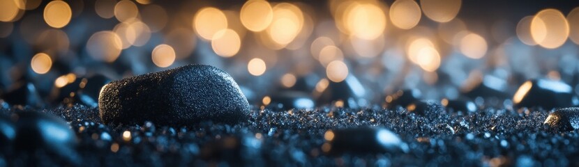 Poster - A close-up of dark stones on a textured surface with blurred warm bokeh lights in the background.