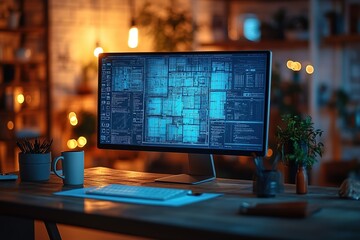 Poster - a computer monitor is on a desk with a cup of coffee next to it