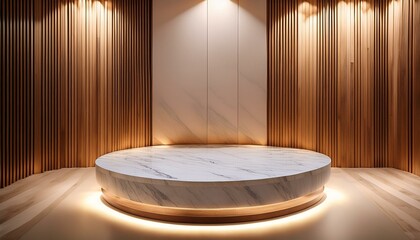 Wall Mural - round marble pedestal with subtle veins illuminated by soft led lighting from below set against a smooth beige backdrop with wood paneling on the side ideal for upscale product showcases