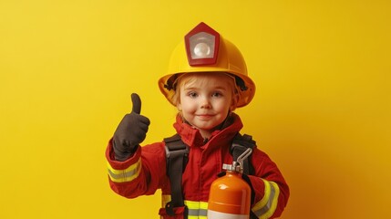 Poster - A young child dressed as a firefighter, holding a fire extinguisher and giving a thumbs up.