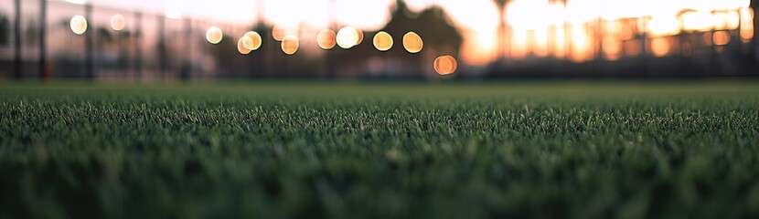 Poster - A close-up view of lush green grass with a blurred sunset background.