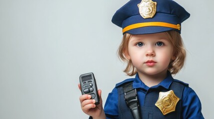 Aufkleber - A young child dressed as a police officer, holding a remote control.