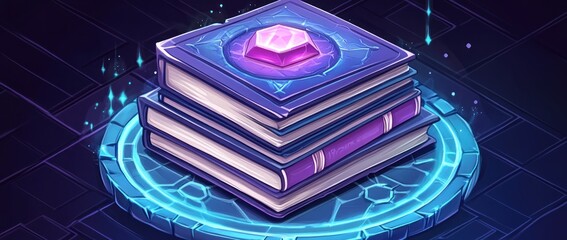Aufkleber - A stack of magical books with a glowing gem on top, set on a mystical circular platform.