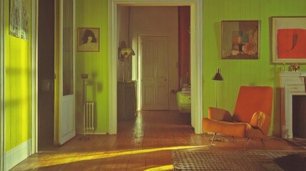 Poster - A vibrant interior with green walls, an orange chair, and artistic decor.