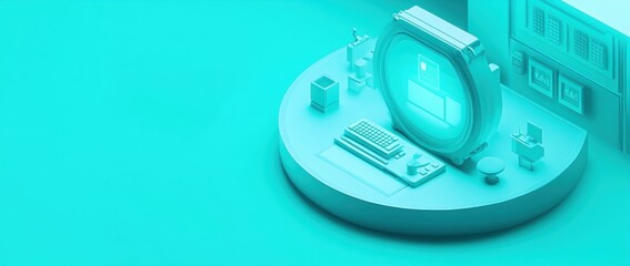 Poster - A stylized, futuristic computer setup with a circular monitor and minimalist design.