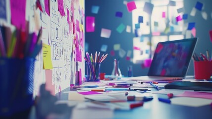 Poster - A creative workspace filled with colorful notes, stationery, and a laptop for brainstorming.