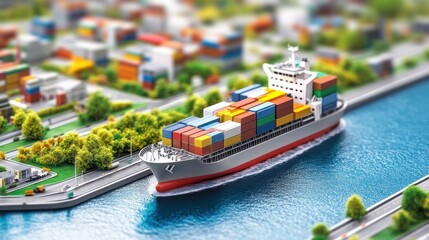 Aufkleber - A cargo ship navigates through a canal, surrounded by colorful containers and greenery.