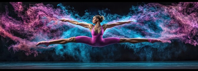 Poster - A dancer performing a dynamic leap with colorful smoke effects in the background.