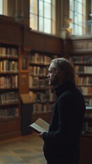 Aufkleber - A person stands in a library, holding a book and contemplating the surroundings.