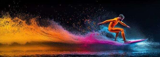 Poster - A surfer in a vibrant orange suit rides a colorful wave, creating a dynamic visual effect.