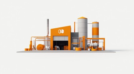 Fototapete - A modern industrial facility with orange and gray structures for manufacturing processes.