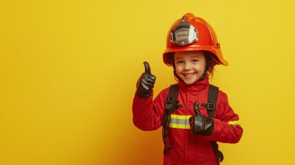 Poster - A cheerful child in a firefighter costume giving thumbs up against a yellow background.