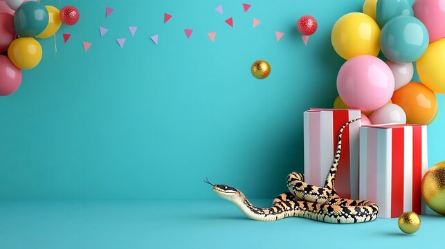 Holiday background, letters, Happy New Year 2025, pastel colors, includes snake