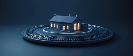 Poster - A model train station surrounded by circular tracks, illuminated for a cozy effect.