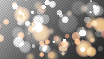 Poster - Festive vibrant bokeh lights. Transparent background. Abstract blurred overlay design. Bright blur light effect. Vector illustration.