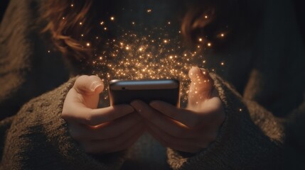 Poster - Woman hands on smartphone, navigating social networks, capturing modern communication essence.