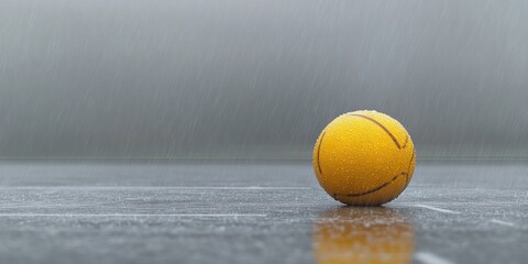 Poster - A solitary yellow basketball sits on a wet surface during rain, evoking a sense of solitude.