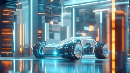 Aufkleber - A futuristic car with a transparent body and large wheels sits in a garage with a colorful, neon-lit background.