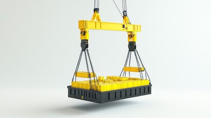 Poster - A yellow crane lifting a black container filled with cylindrical objects.