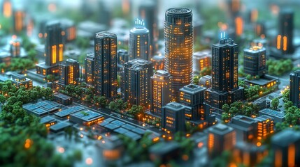 Poster - Smart city design featuring rooftop solar panels in a vibrant urban landscape at dusk