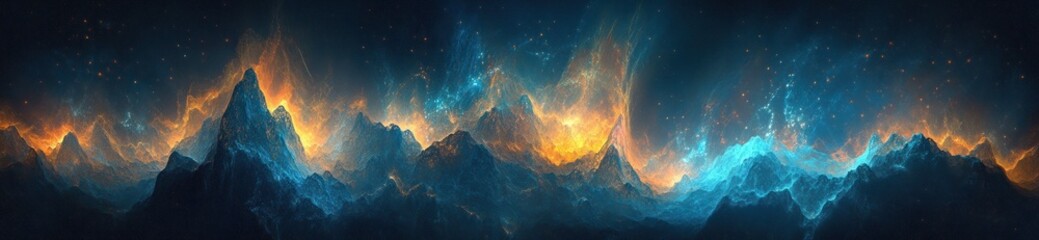 Poster - A vibrant digital landscape depicting mountains illuminated by ethereal light.