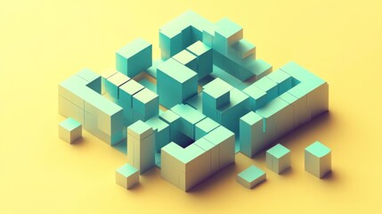 Aufkleber - Abstract 3D structure composed of blocks in a minimalist style on a soft yellow background.