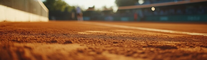 Poster - Close-up view of a clay tennis court at sunset, highlighting the textured surface.