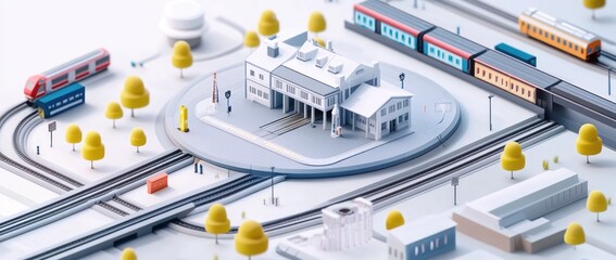 Poster - A stylized train station scene with colorful trains and trees.