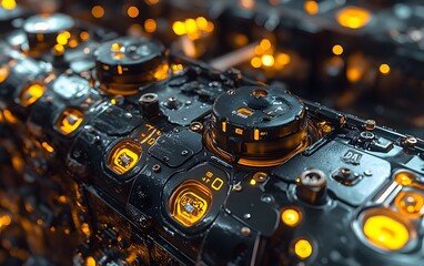 Poster - A close-up view of intricate machinery with glowing elements, showcasing advanced technology.