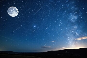 Wall Mural - A vast expanse of dark blue night sky with a stunning display of shooting stars and a bright full moon, cosmos, night sky, glow