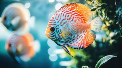 Poster - Vibrant Tropical Fish Swimming Gracefully in an Underwater Scene Surrounded by Lush Greenery and Soft Light, Showcasing Intricate Patterns and Colors