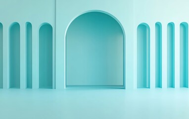 Poster - Modern minimalist interior with turquoise walls and elegant architectural elements.